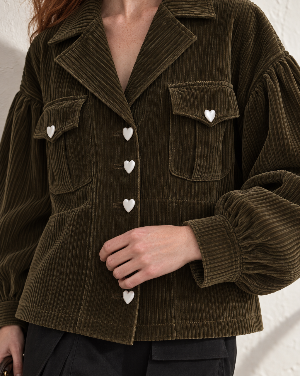 Vintage Dark Olive Corduroy Heart-button Lapel Puff-sleeve Top MVA003320AA