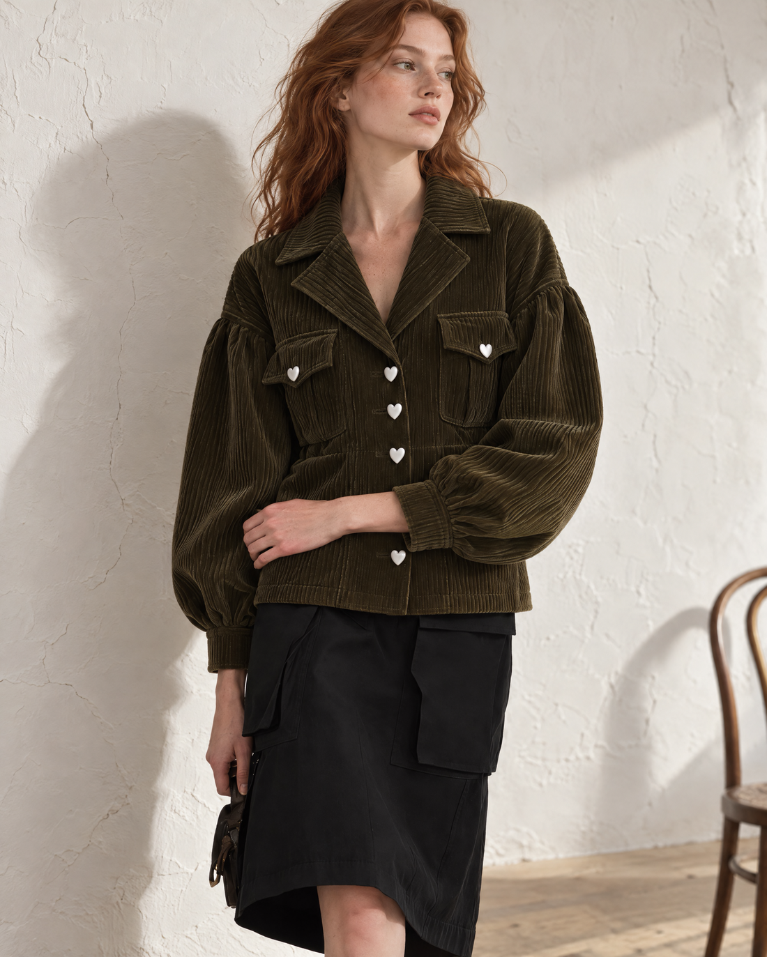 Vintage Dark Olive Corduroy Heart-button Lapel Puff-sleeve Top MVA003320AA