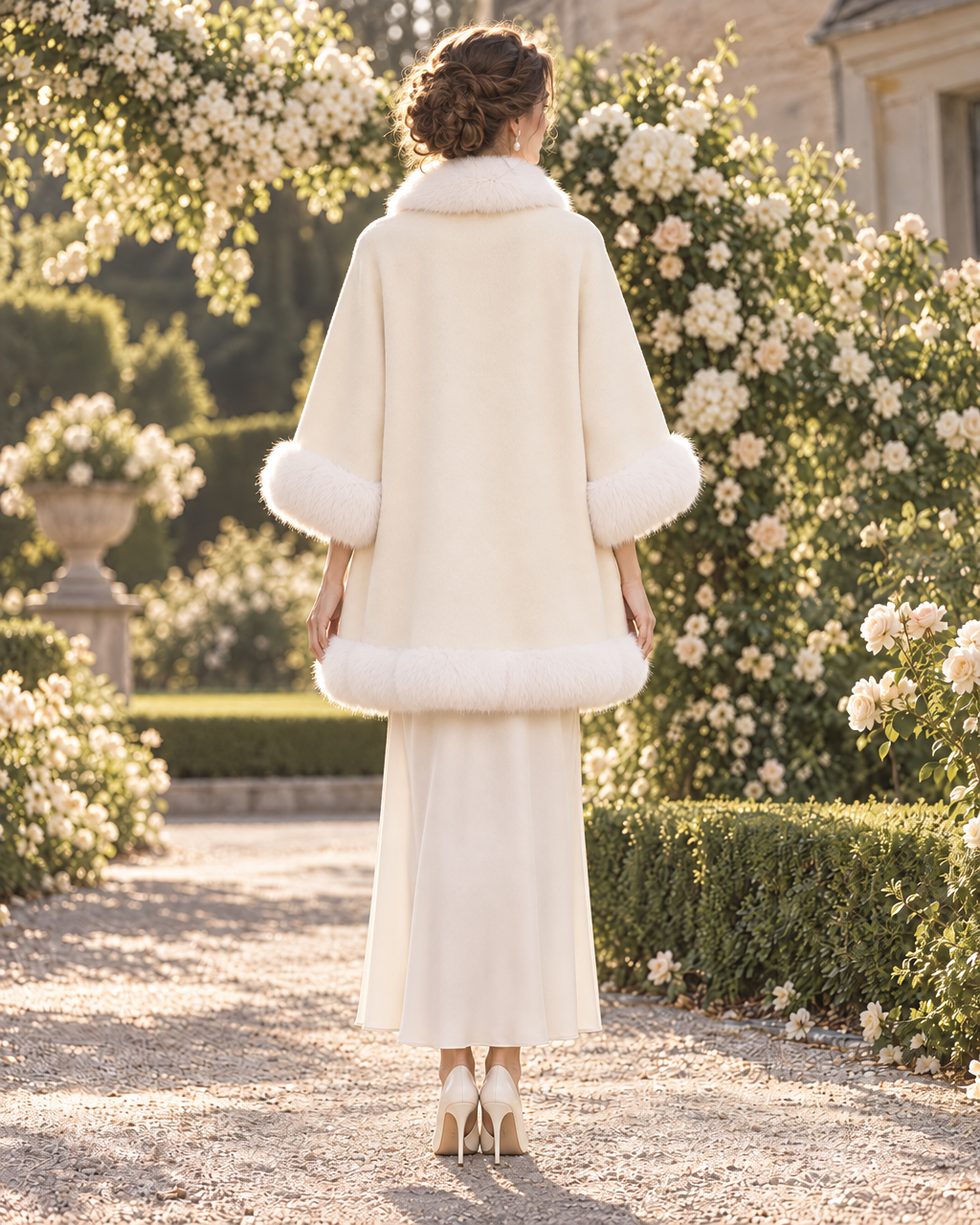 Elegant Ivory Brushed-woven Faux-fur-trim Open-front Cape Coat MVA003330AA