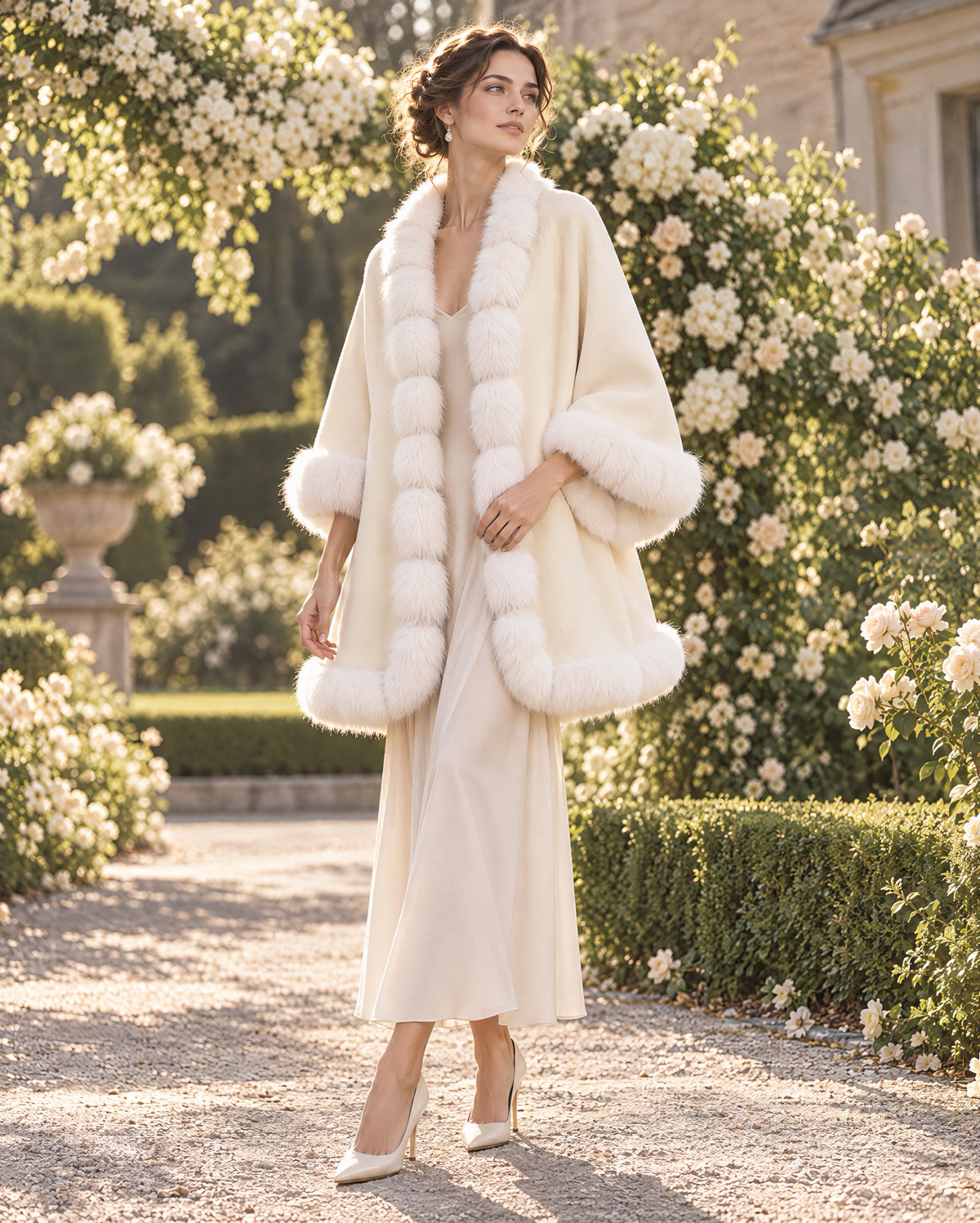 Elegant Ivory Brushed-woven Faux-fur-trim Open-front Cape Coat MVA003330AA