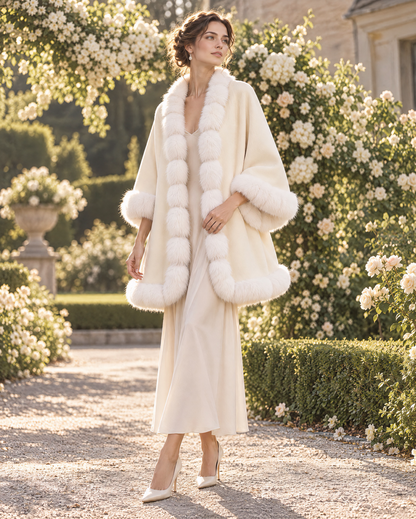 Elegant Ivory Brushed-woven Faux-fur-trim Open-front Cape Coat MVA003330AA