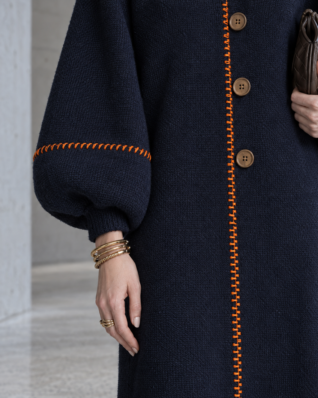 Elegant Navy Knit Contrast-whipstitch V-neck Button-front Midi Dress MVA003340AA