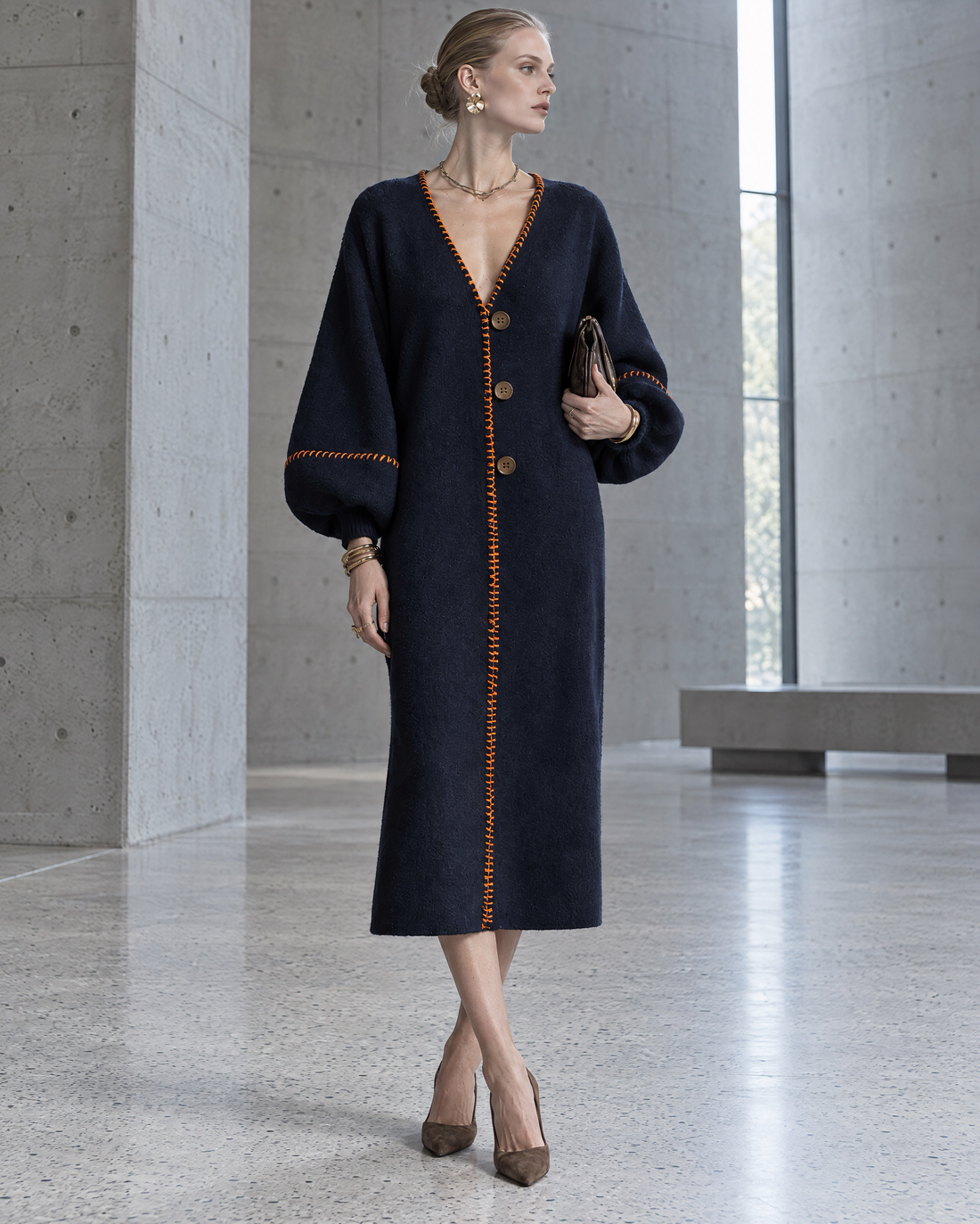Elegant Navy Knit Contrast-whipstitch V-neck Button-front Midi Dress MVA003340AA