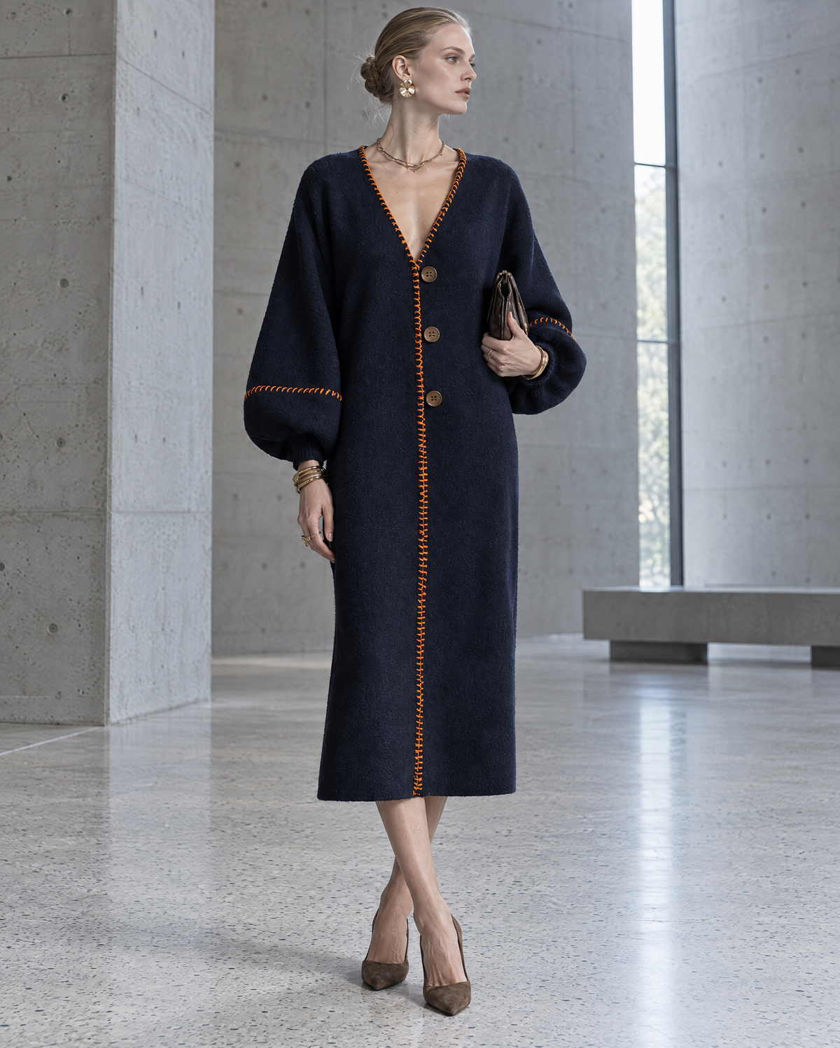 Elegant Navy Knit Contrast-whipstitch V-neck Button-front Midi Dress MVA003340AA
