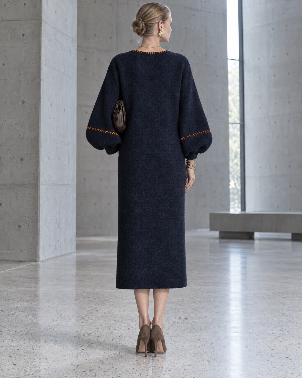 Elegant Navy Knit Contrast-whipstitch V-neck Button-front Midi Dress MVA003340AA