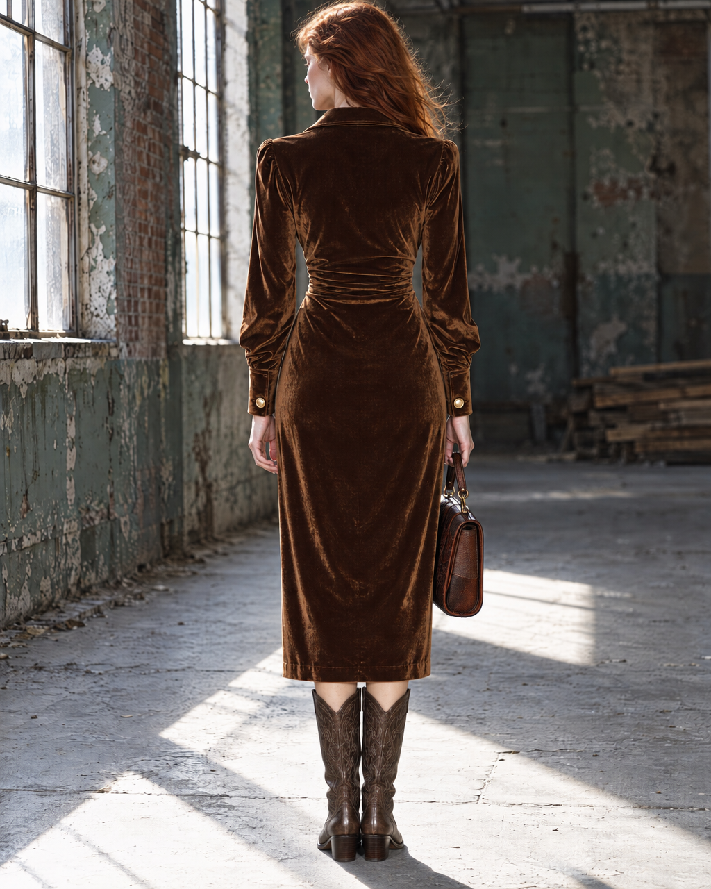 Vintage Chocolate Brown Velvet Ruched-waist Shirt-collar Midi Dress MVA003350AA