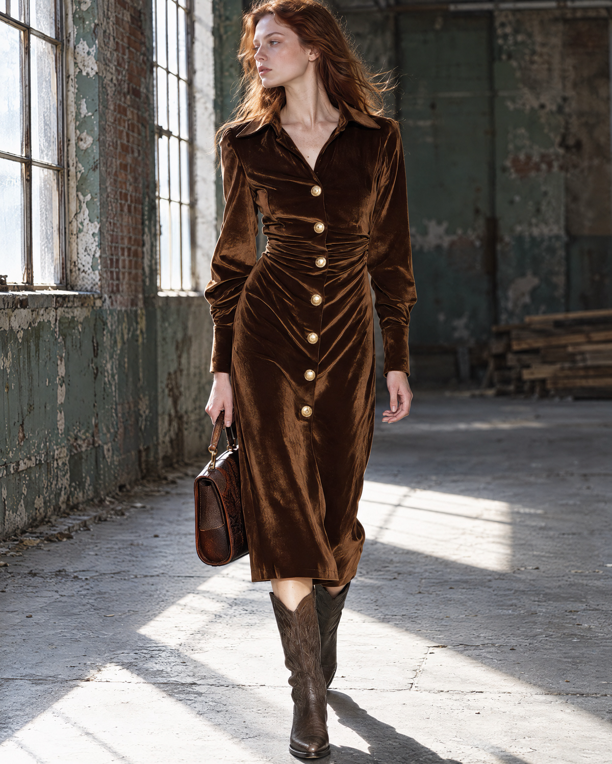 Vintage Chocolate Brown Velvet Ruched-waist Shirt-collar Midi Dress MVA003350AA