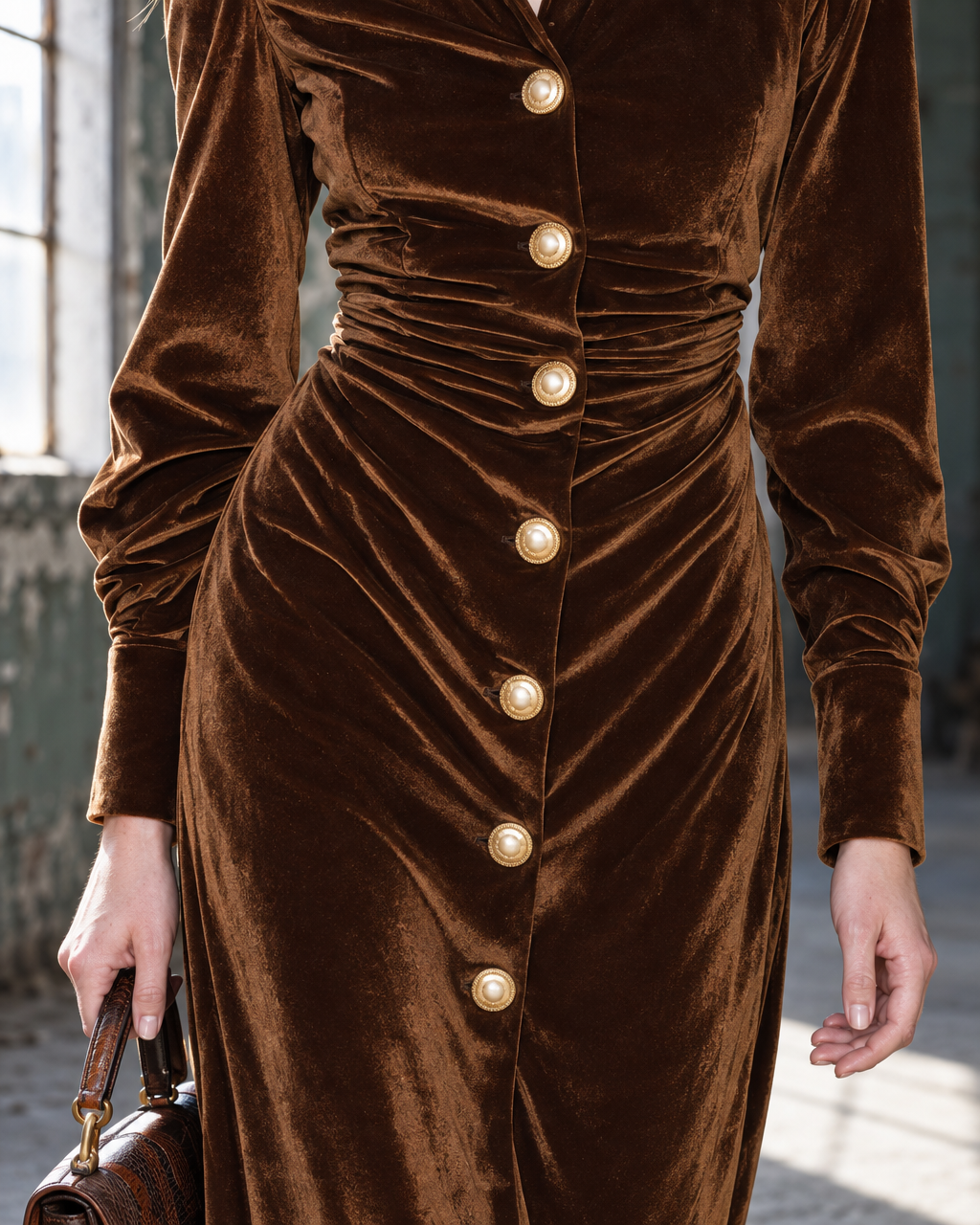 Vintage Chocolate Brown Velvet Ruched-waist Shirt-collar Midi Dress MVA003350AA