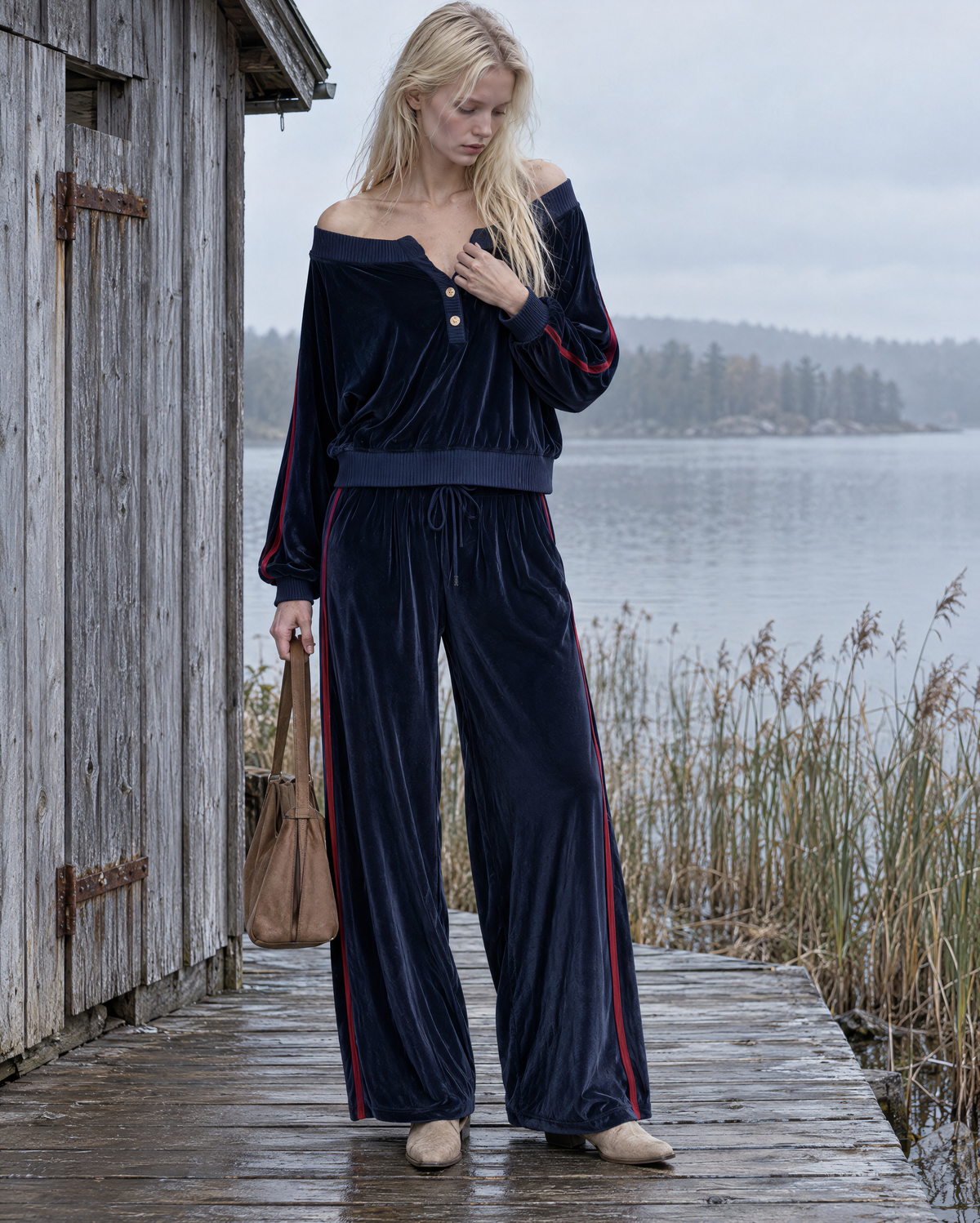 Casual Navy Velour Red-stripe Off-shoulder Henley Top And Wide-leg Pants Set MVA003360AA