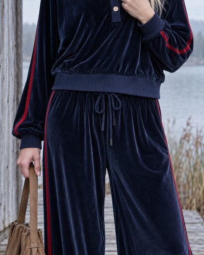 Casual Navy Velour Red-stripe Off-shoulder Henley Top And Wide-leg Pants Set MVA003360AA