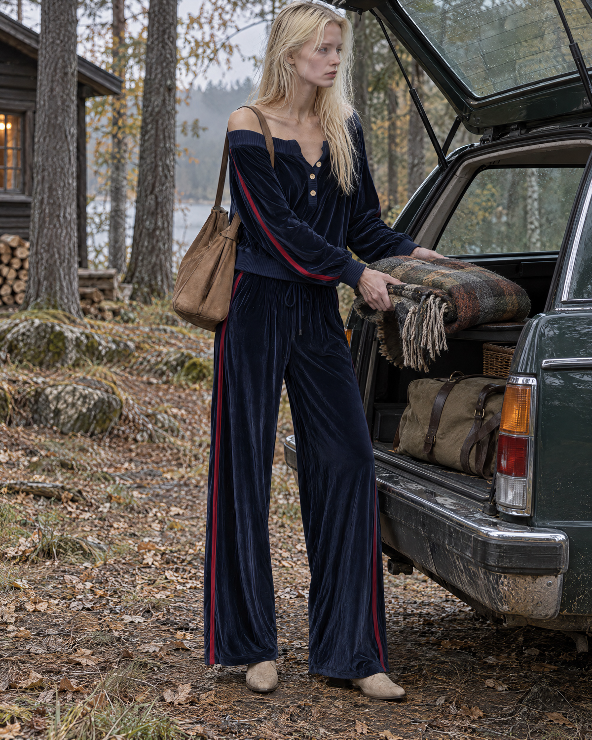 Casual Navy Velour Red-stripe Off-shoulder Henley Top And Wide-leg Pants Set MVA003360AA