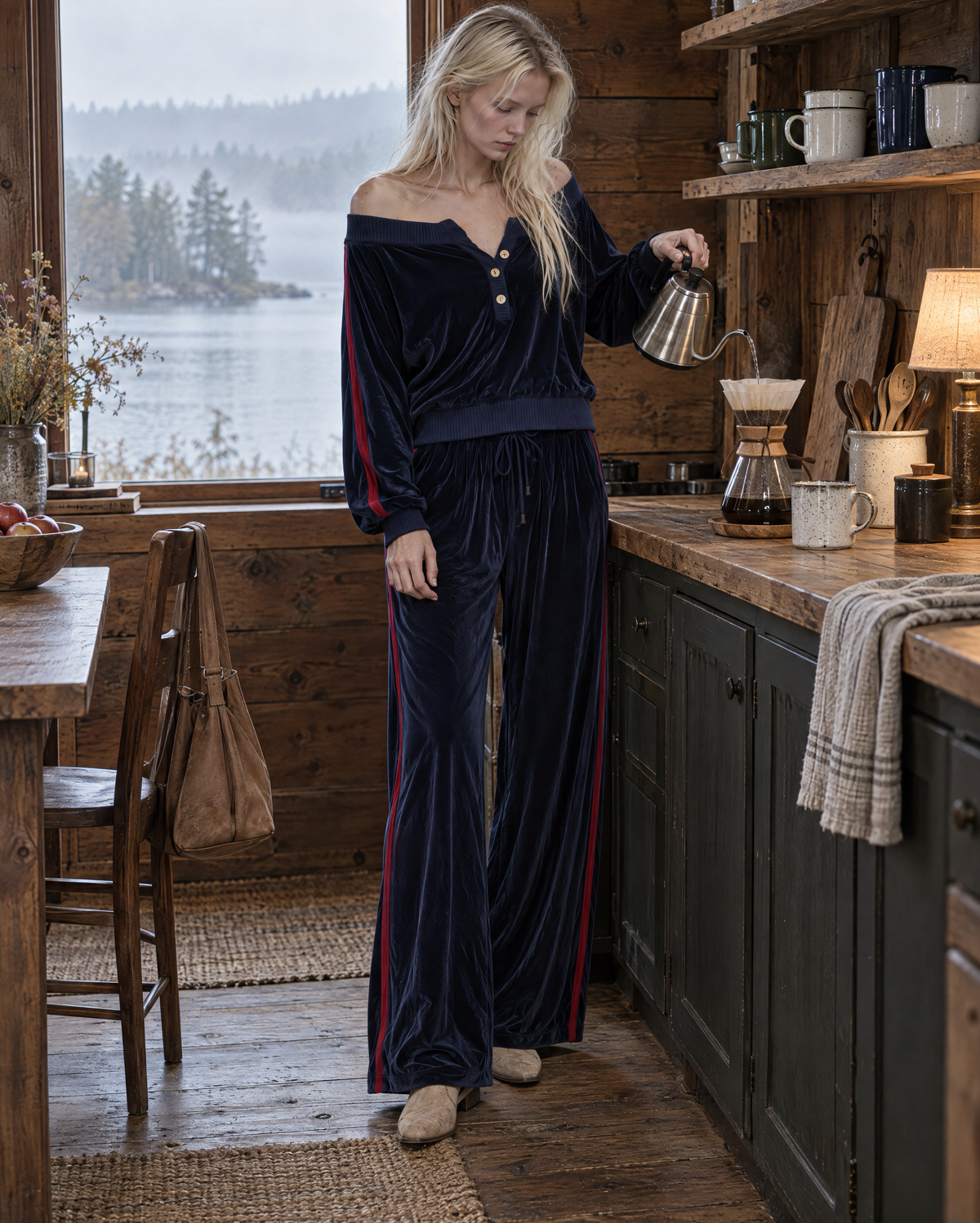 Casual Navy Velour Red-stripe Off-shoulder Henley Top And Wide-leg Pants Set MVA003360AA