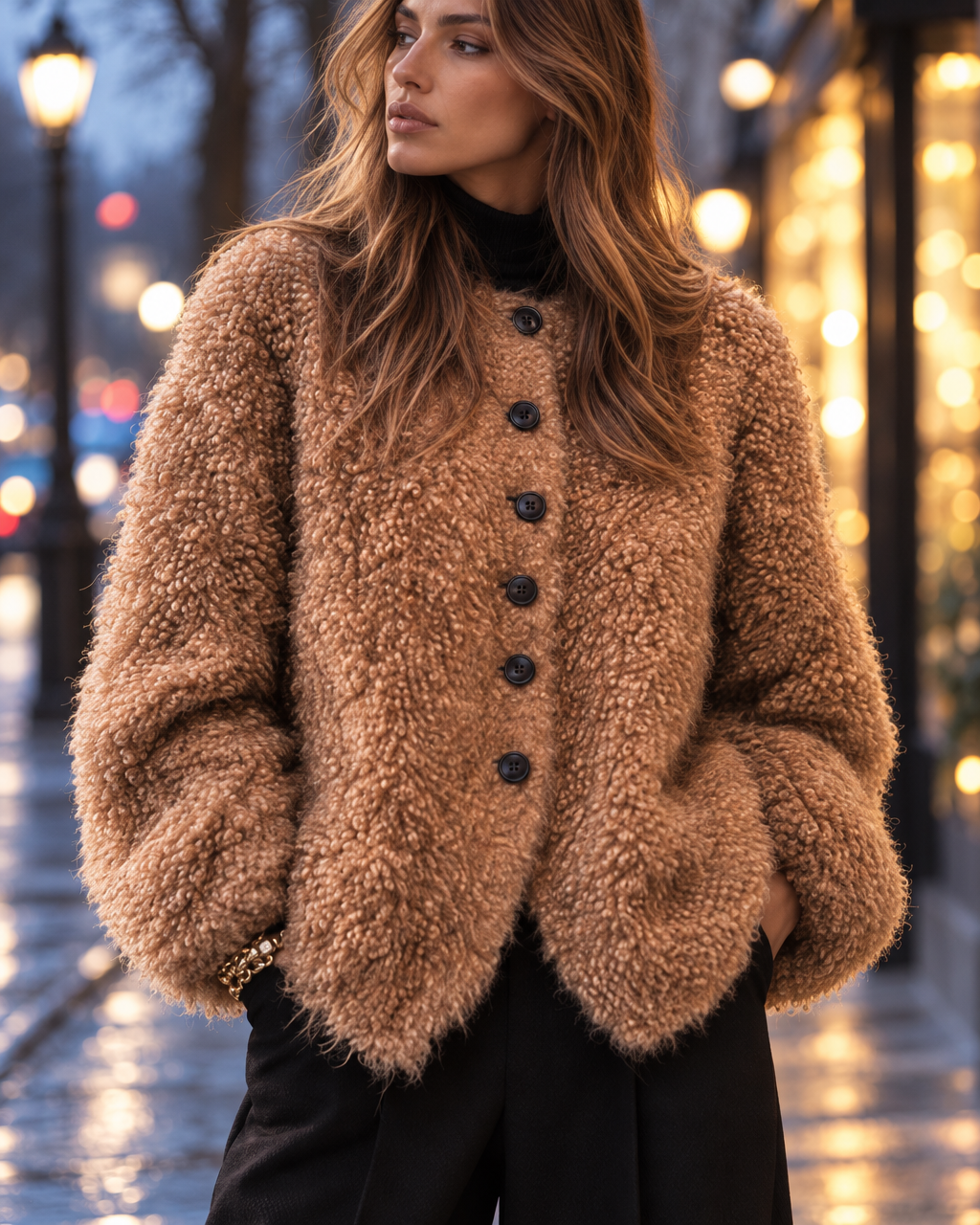 Casual Caramel Curly Faux-fur Collarless Button-front Jacket MVA003370AA
