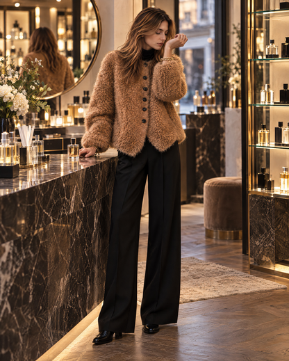 Casual Caramel Curly Faux-fur Collarless Button-front Jacket MVA003370AA