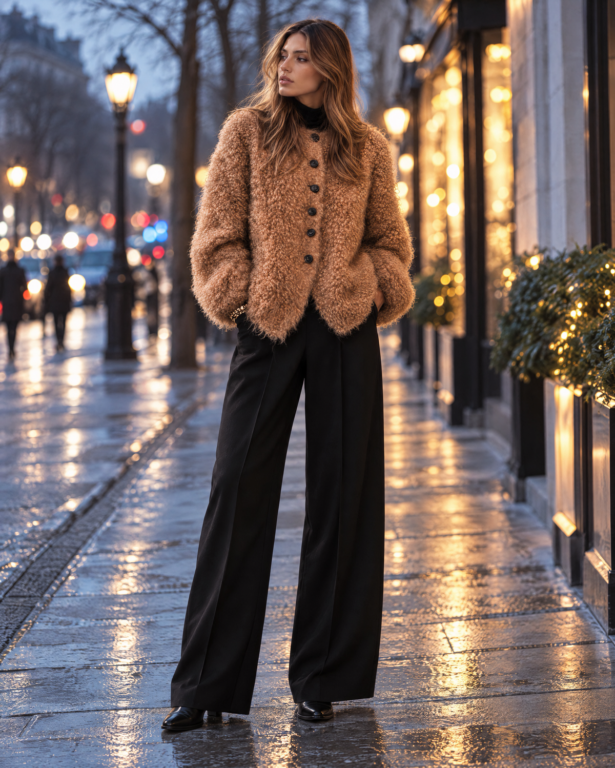 Casual Caramel Curly Faux-fur Collarless Button-front Jacket MVA003370AA