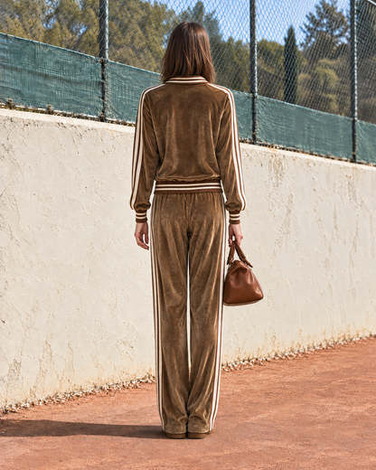 Casual Tobacco Brown Velour Cream-stripe Half-zip Top And Wide-leg Pants Set MVA003380AA