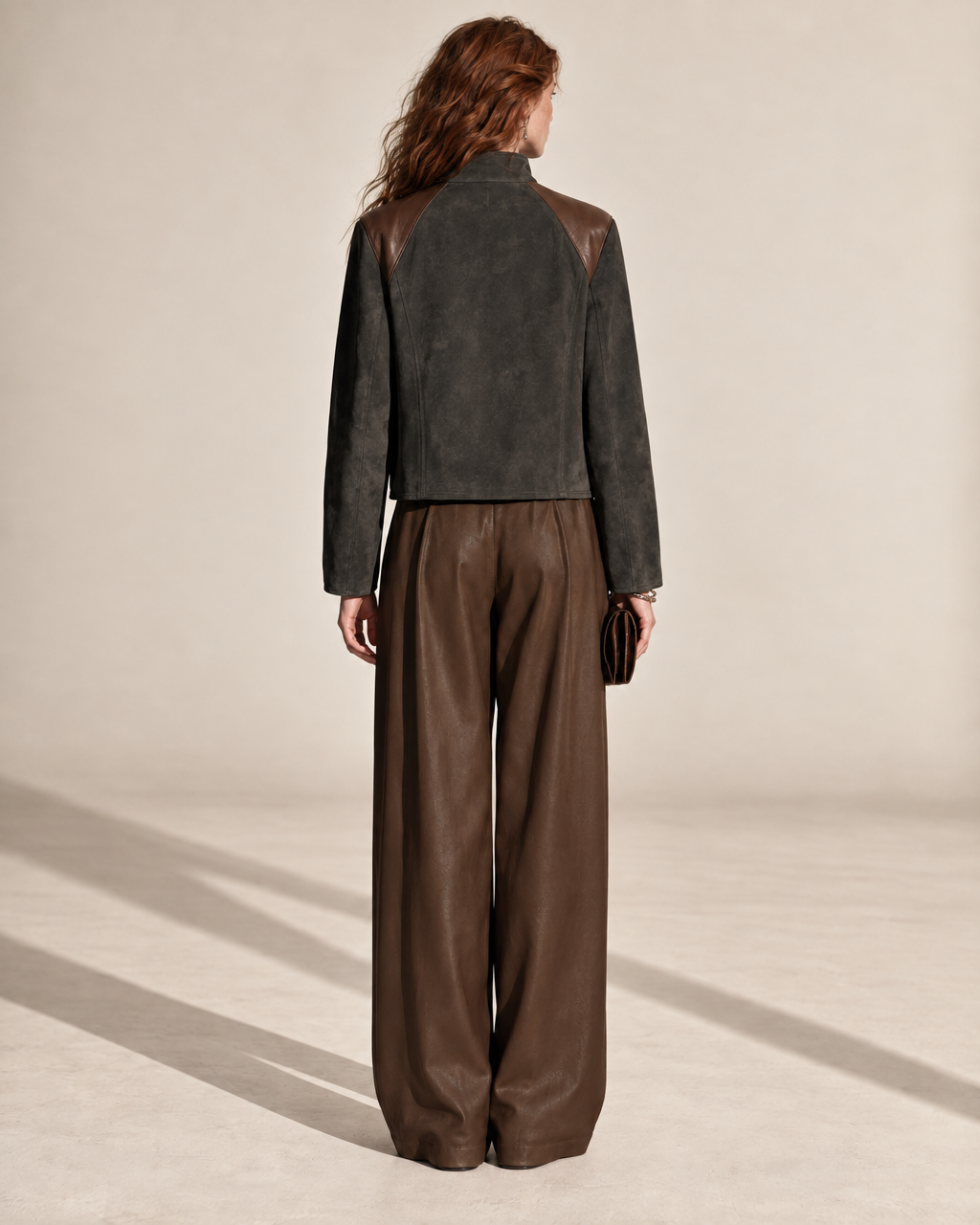 Casual Charcoal And Brown Colorblock Faux-suede Stand-collar Zip-up Jacket MVA003390AA