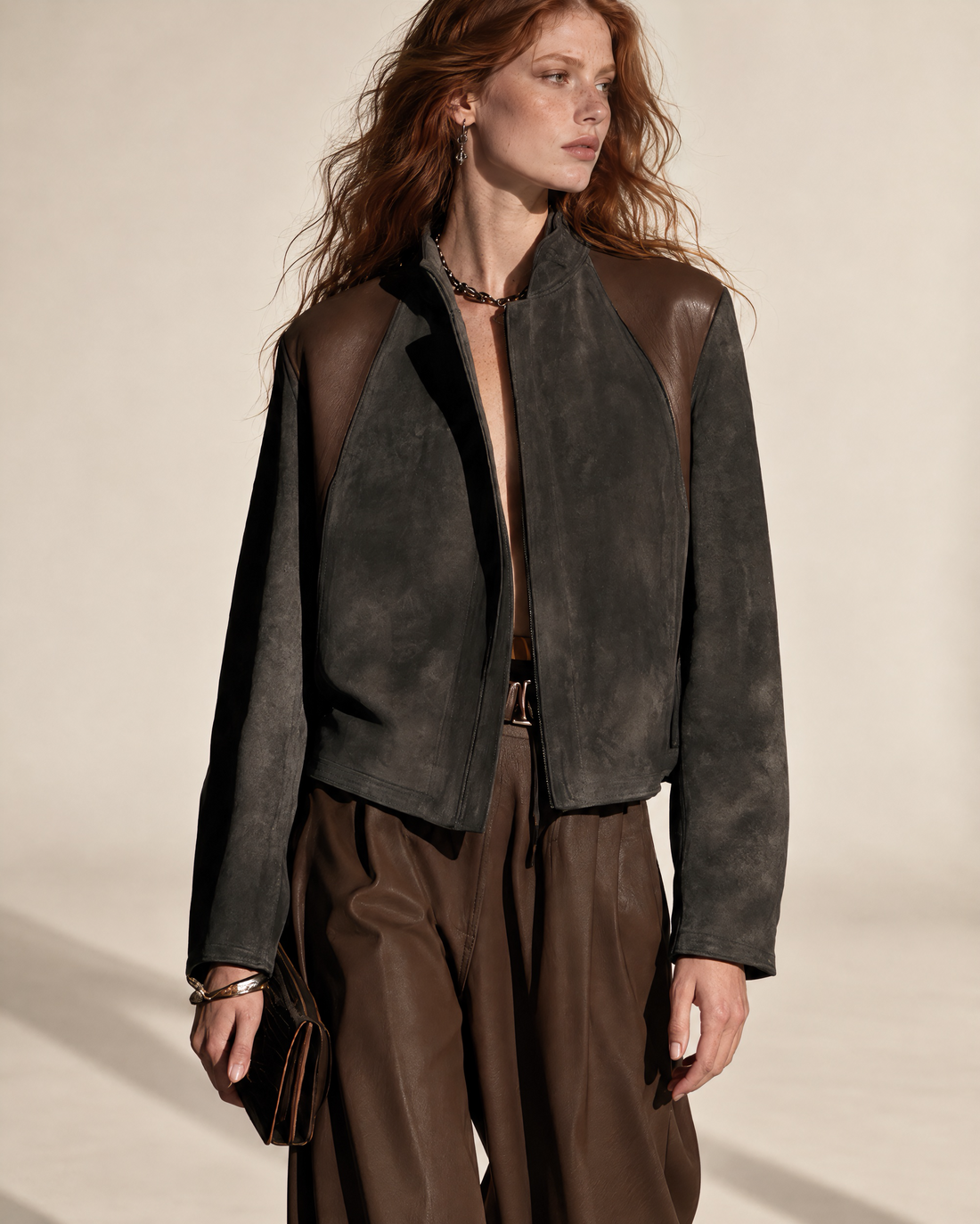 Casual Charcoal And Brown Colorblock Faux-suede Stand-collar Zip-up Jacket MVA003390AA