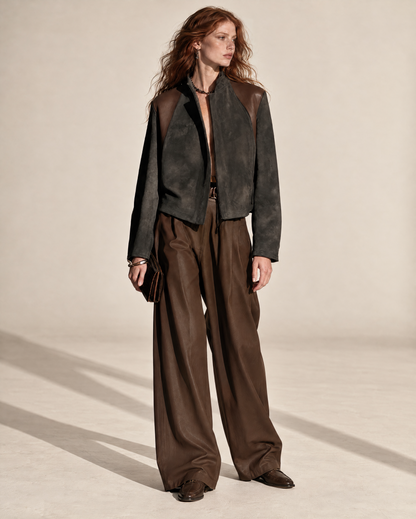 Casual Charcoal And Brown Colorblock Faux-suede Stand-collar Zip-up Jacket MVA003390AA