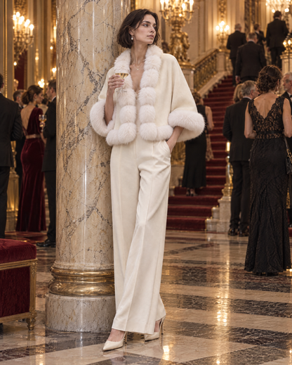 Elegant Ivory Brushed-woven Faux-fur-trim Cropped Cape Jacket MVA003400AA