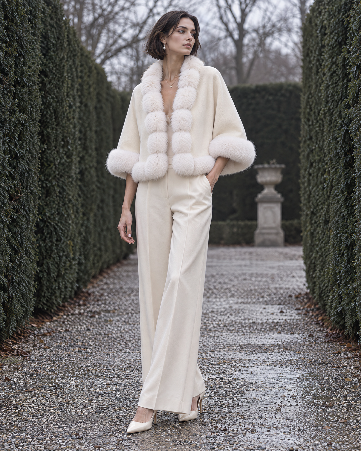 Elegant Ivory Brushed-woven Faux-fur-trim Cropped Cape Jacket MVA003400AA