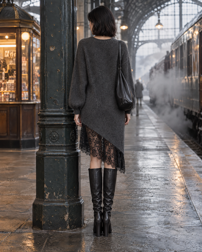 Casual Charcoal Grey Brushed Knit V-neck Long-sleeve Lace-hem Asymmetric Sweater Dress MVA003410AA