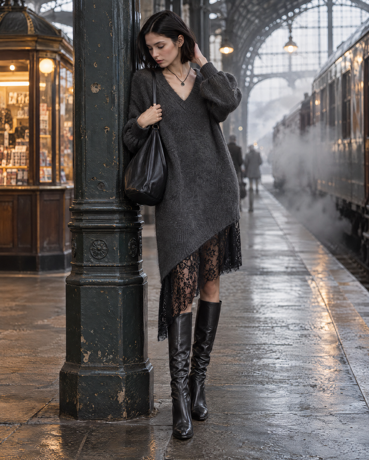 Casual Charcoal Grey Brushed Knit V-neck Long-sleeve Lace-hem Asymmetric Sweater Dress MVA003410AA