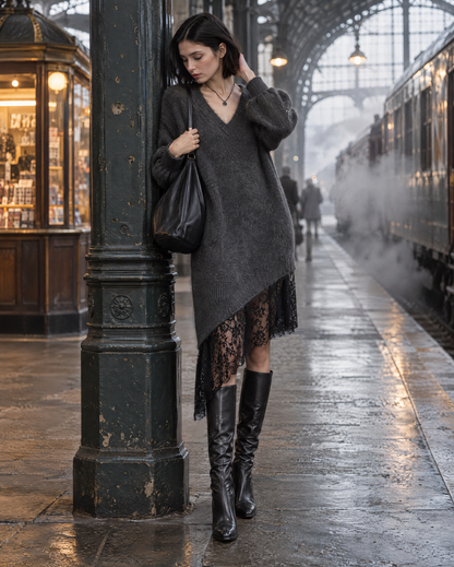 Casual Charcoal Grey Brushed Knit V-neck Long-sleeve Lace-hem Asymmetric Sweater Dress MVA003410AA