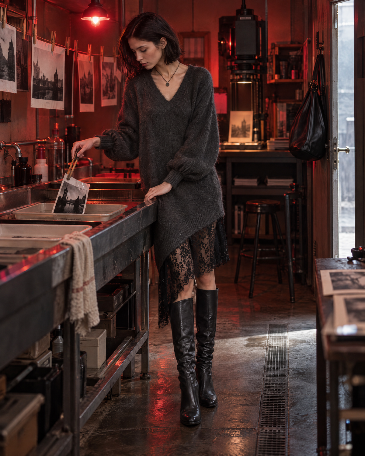 Casual Charcoal Grey Brushed Knit V-neck Long-sleeve Lace-hem Asymmetric Sweater Dress MVA003410AA