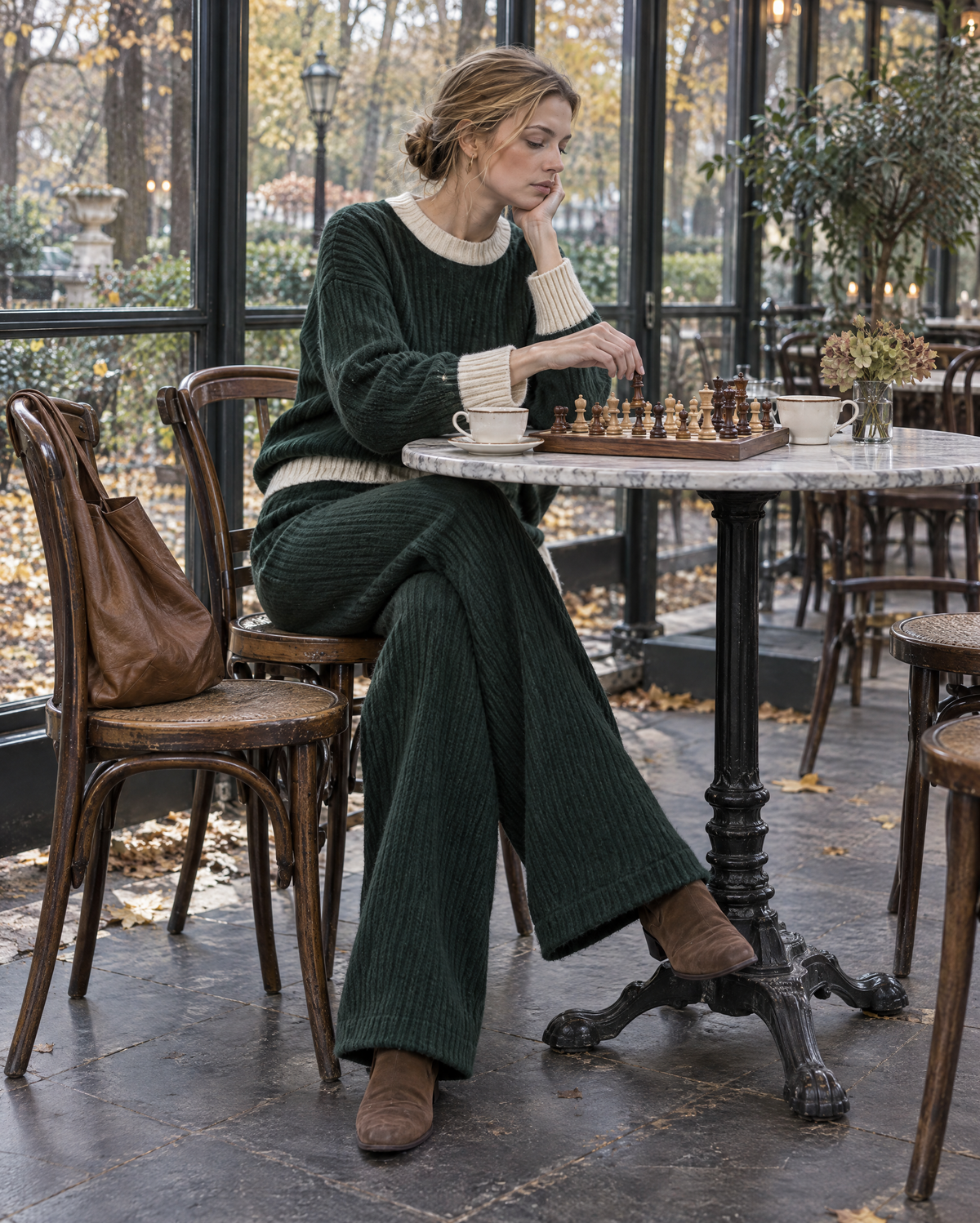 Casual Dark Forest Green Ribbed Knit Contrast Trim Crew Neck Long-sleeve Sweater And Wide-leg Pants Set MVA003420AA