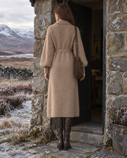 Casual Camel Brushed Knit Shirt Collar Long-sleeve Belted Button-front Sweater Dress MVA003430AA