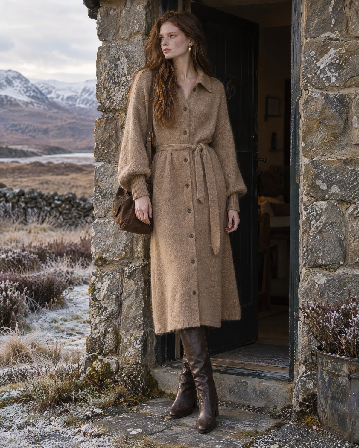 Casual Camel Brushed Knit Shirt Collar Long-sleeve Belted Button-front Sweater Dress MVA003430AA