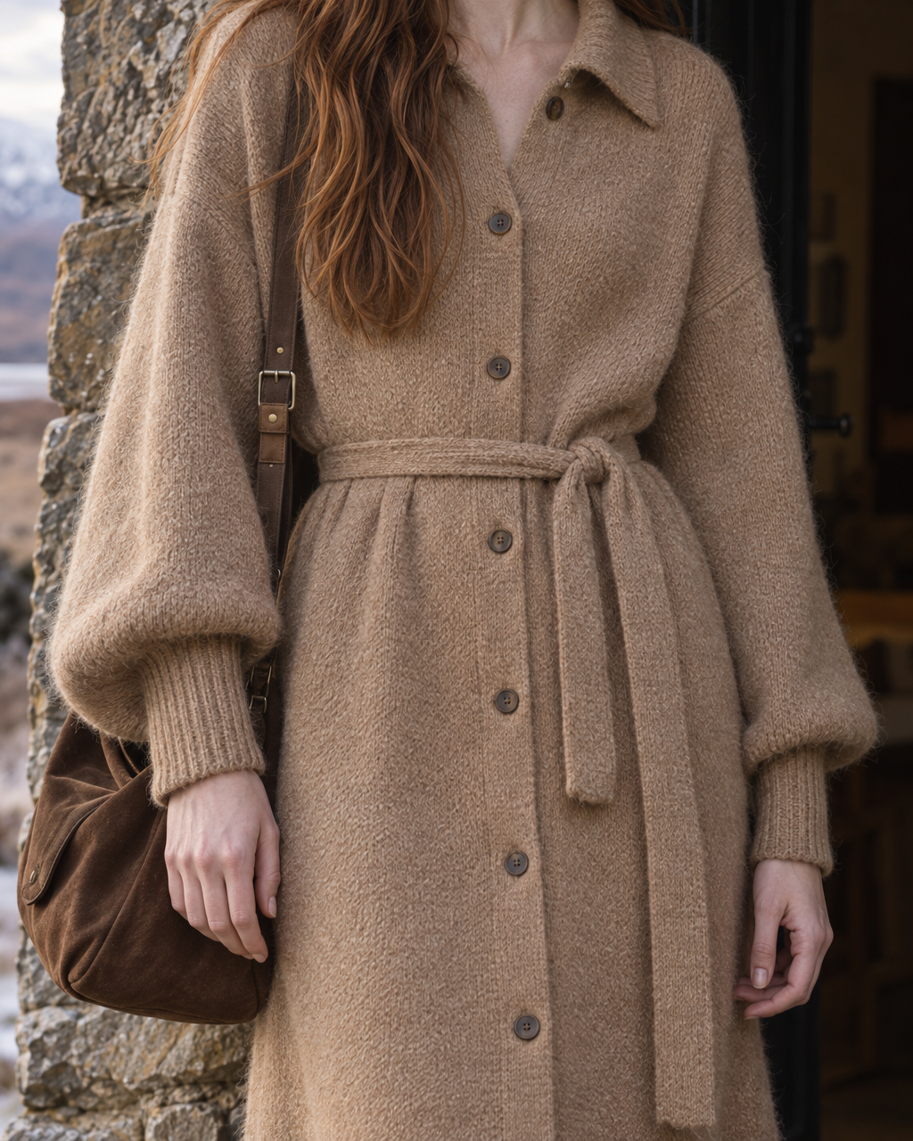 Casual Camel Brushed Knit Shirt Collar Long-sleeve Belted Button-front Sweater Dress MVA003430AA