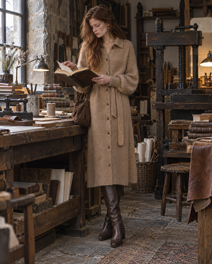 Casual Camel Brushed Knit Shirt Collar Long-sleeve Belted Button-front Sweater Dress MVA003430AA