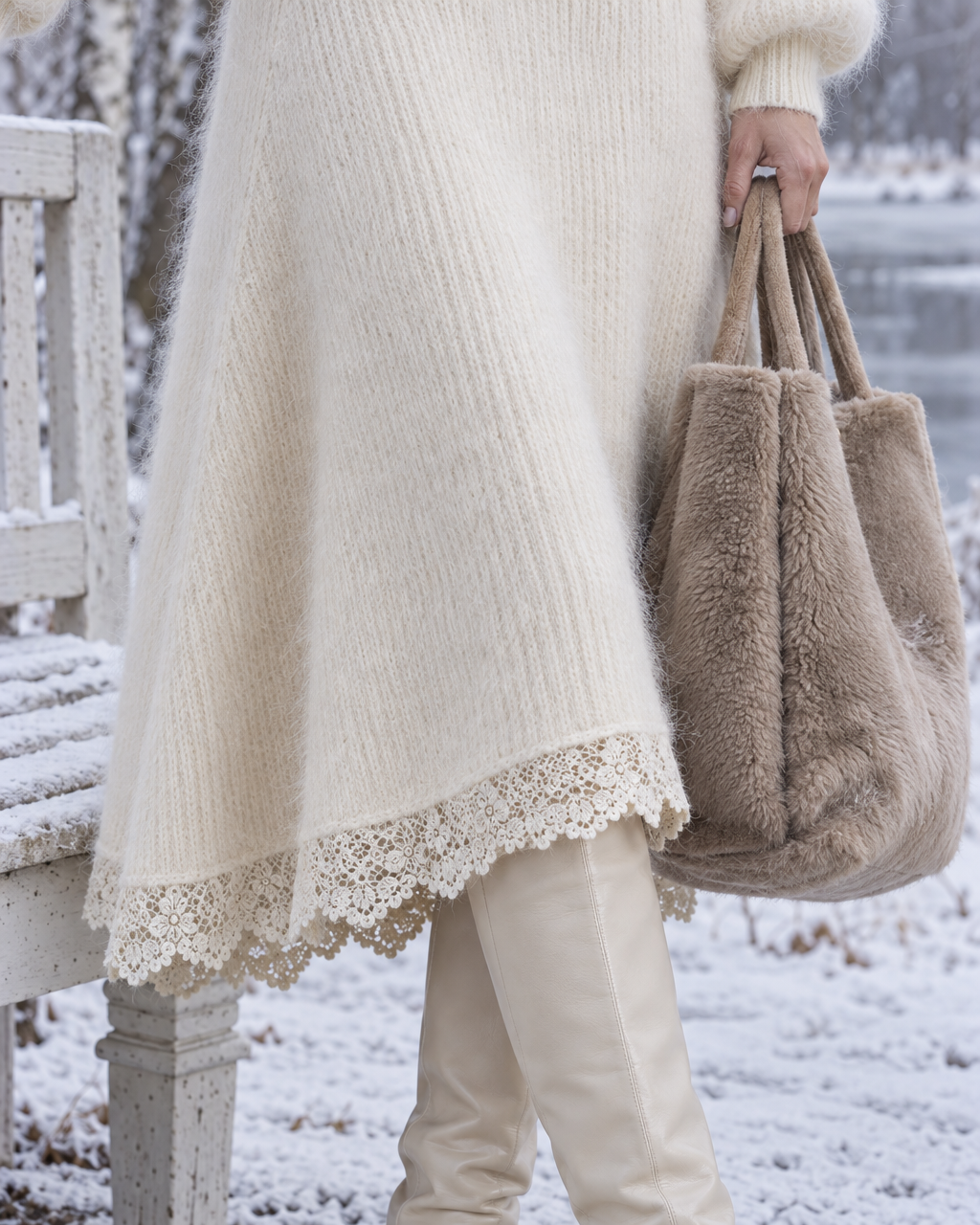 Casual Cream Brushed Knit Stand Collar Long-sleeve Zip-up Cardigan And Lace-hem Midi Skirt Set MVA003450AA