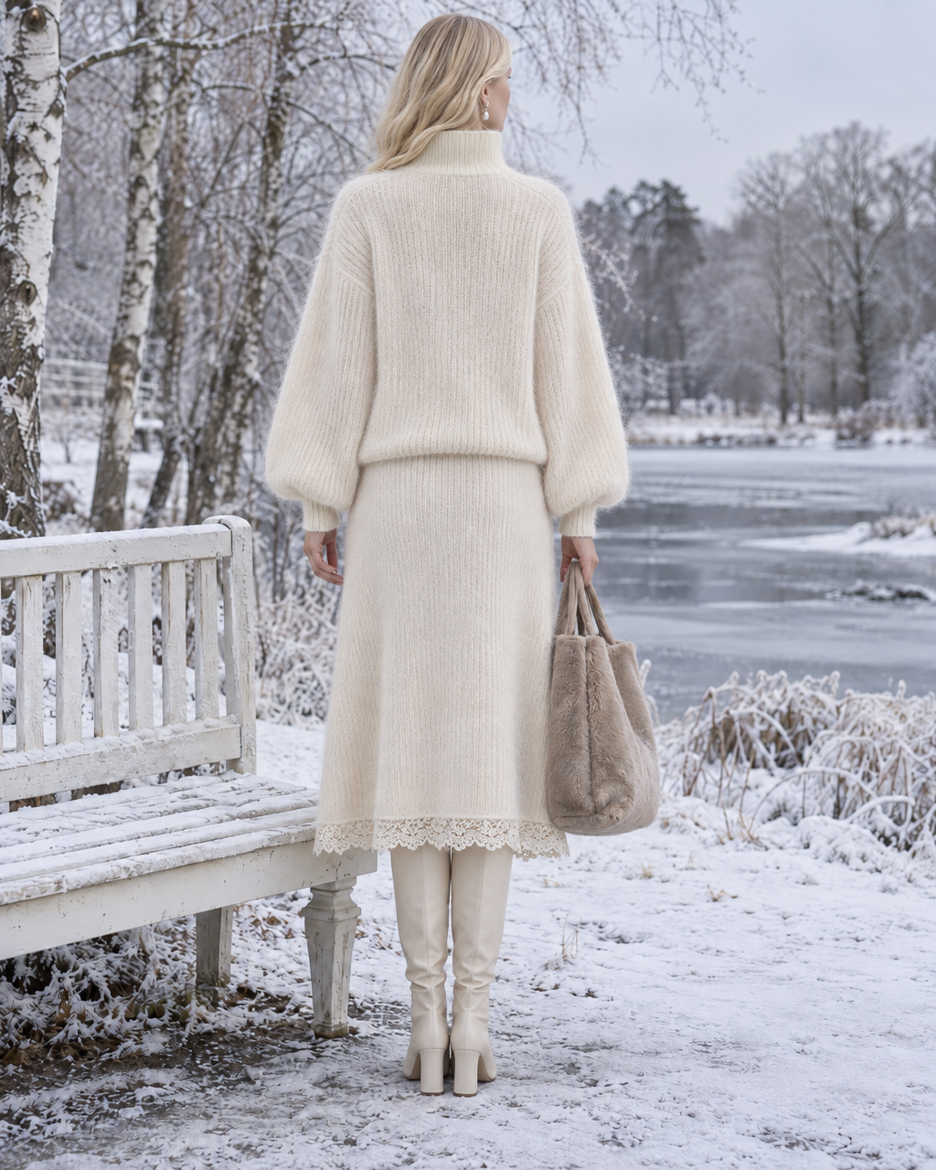 Casual Cream Brushed Knit Stand Collar Long-sleeve Zip-up Cardigan And Lace-hem Midi Skirt Set MVA003450AA