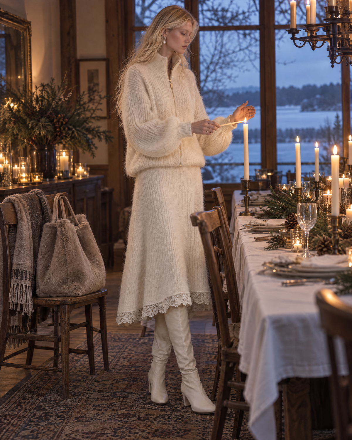 Casual Cream Brushed Knit Stand Collar Long-sleeve Zip-up Cardigan And Lace-hem Midi Skirt Set MVA003450AA