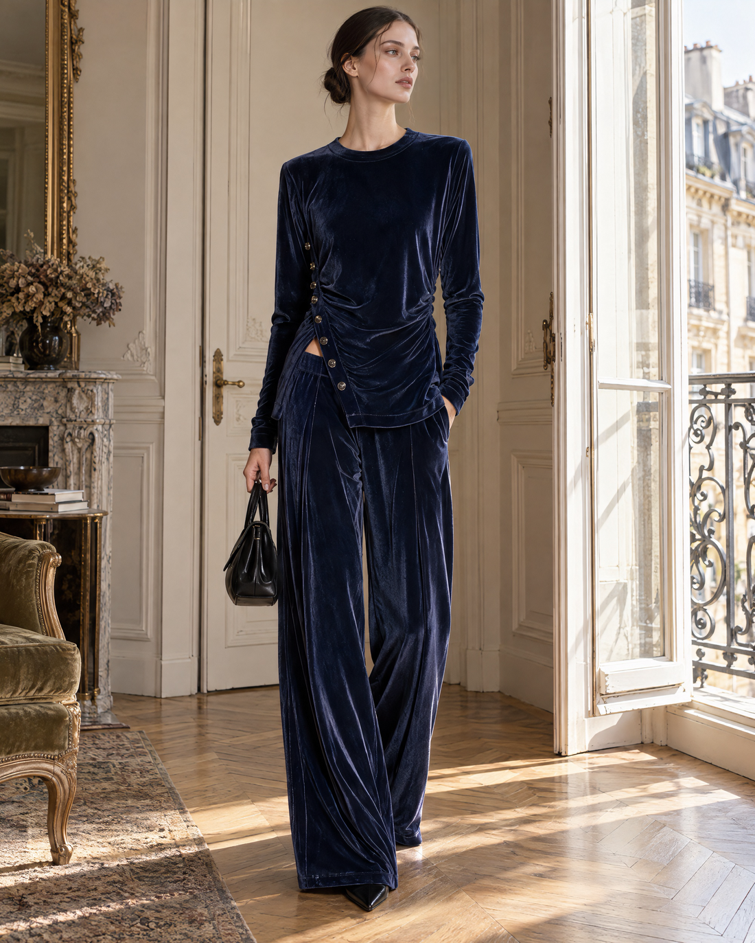 Elegant Navy Blue Velvet Crew Neck Long-sleeve Side-button Ruched Top And Wide-leg Pants Set MVA003460AA