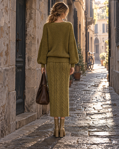 Casual Olive Green Knit V-neck Heart Motif Long-sleeve Sweater And Cable Knit Slit Midi Skirt Set MVA003470AA