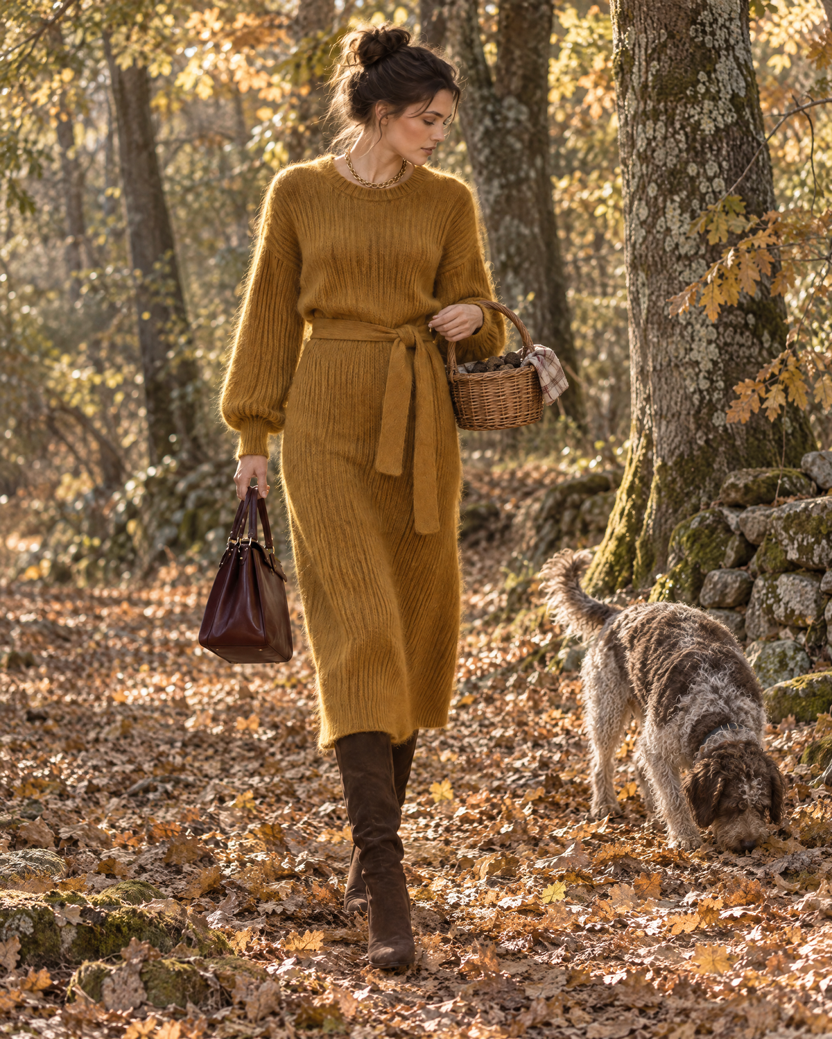 Casual Mustard Brushed Rib Knit Round Neck Long-sleeve Belted Sweater Dress MVA003480AA