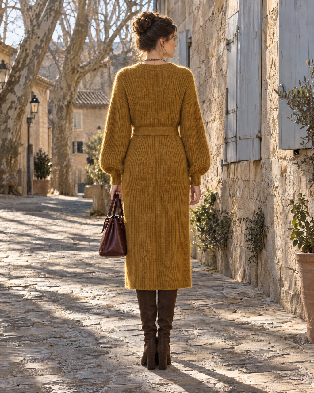 Casual Mustard Brushed Rib Knit Round Neck Long-sleeve Belted Sweater Dress MVA003480AA