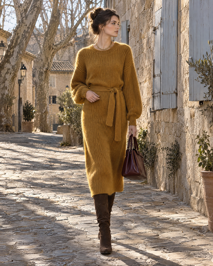 Casual Mustard Brushed Rib Knit Round Neck Long-sleeve Belted Sweater Dress MVA003480AA