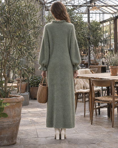 Casual Sage Green Brushed Knit Ruffle Round Neck Long-sleeve Maxi Sweater Dress MVA003490AA