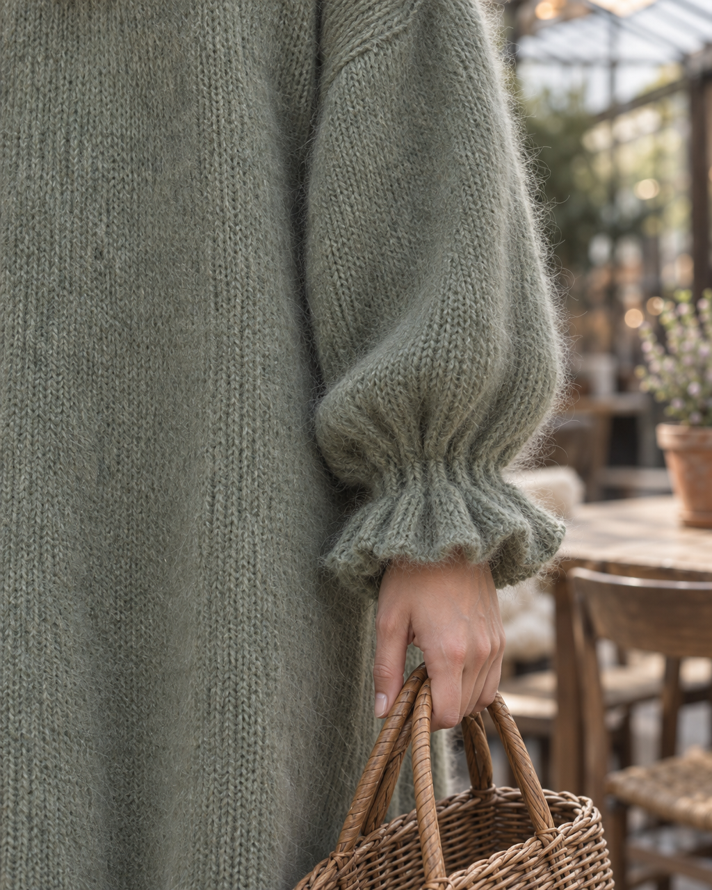 Casual Sage Green Brushed Knit Ruffle Round Neck Long-sleeve Maxi Sweater Dress MVA003490AA