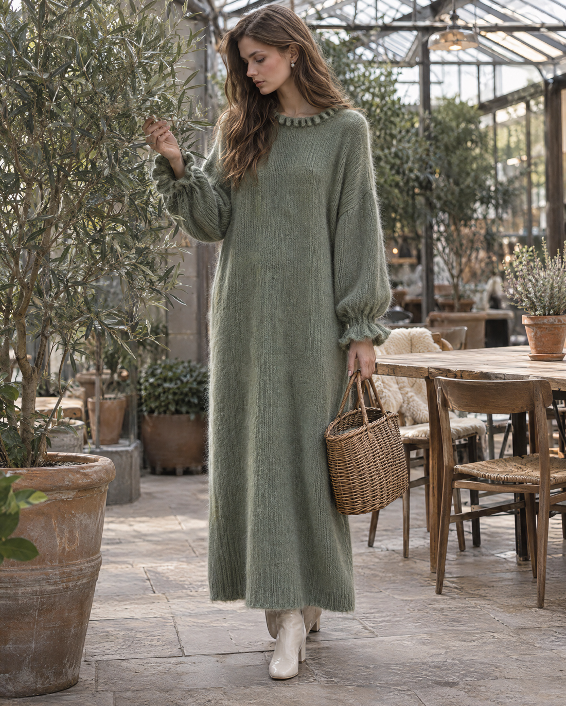 Casual Sage Green Brushed Knit Ruffle Round Neck Long-sleeve Maxi Sweater Dress MVA003490AA