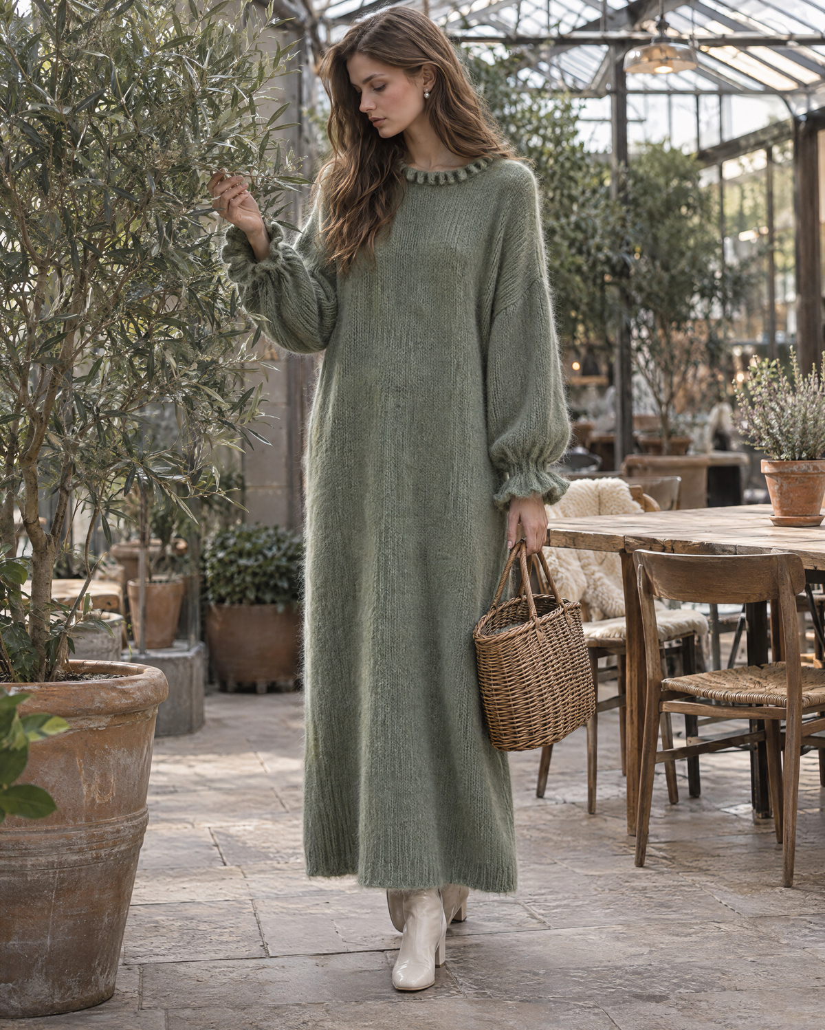 Casual Sage Green Brushed Knit Ruffle Round Neck Long-sleeve Maxi Sweater Dress MVA003490AA