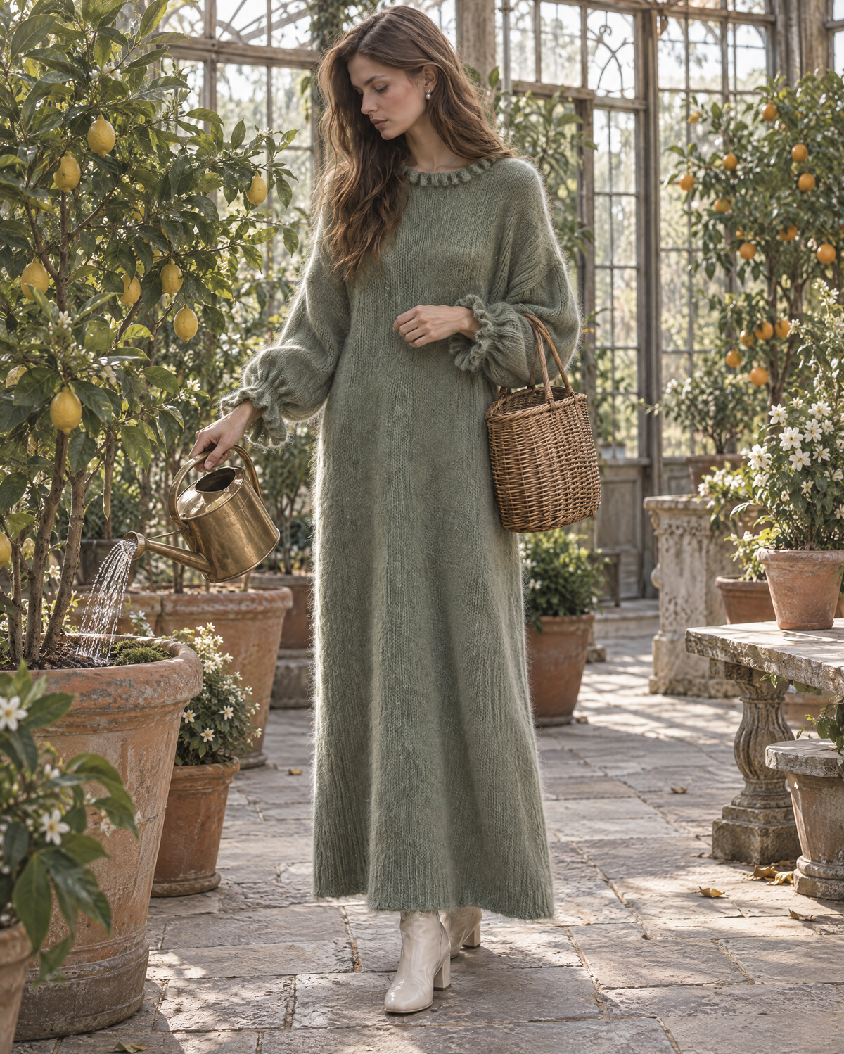 Casual Sage Green Brushed Knit Ruffle Round Neck Long-sleeve Maxi Sweater Dress MVA003490AA