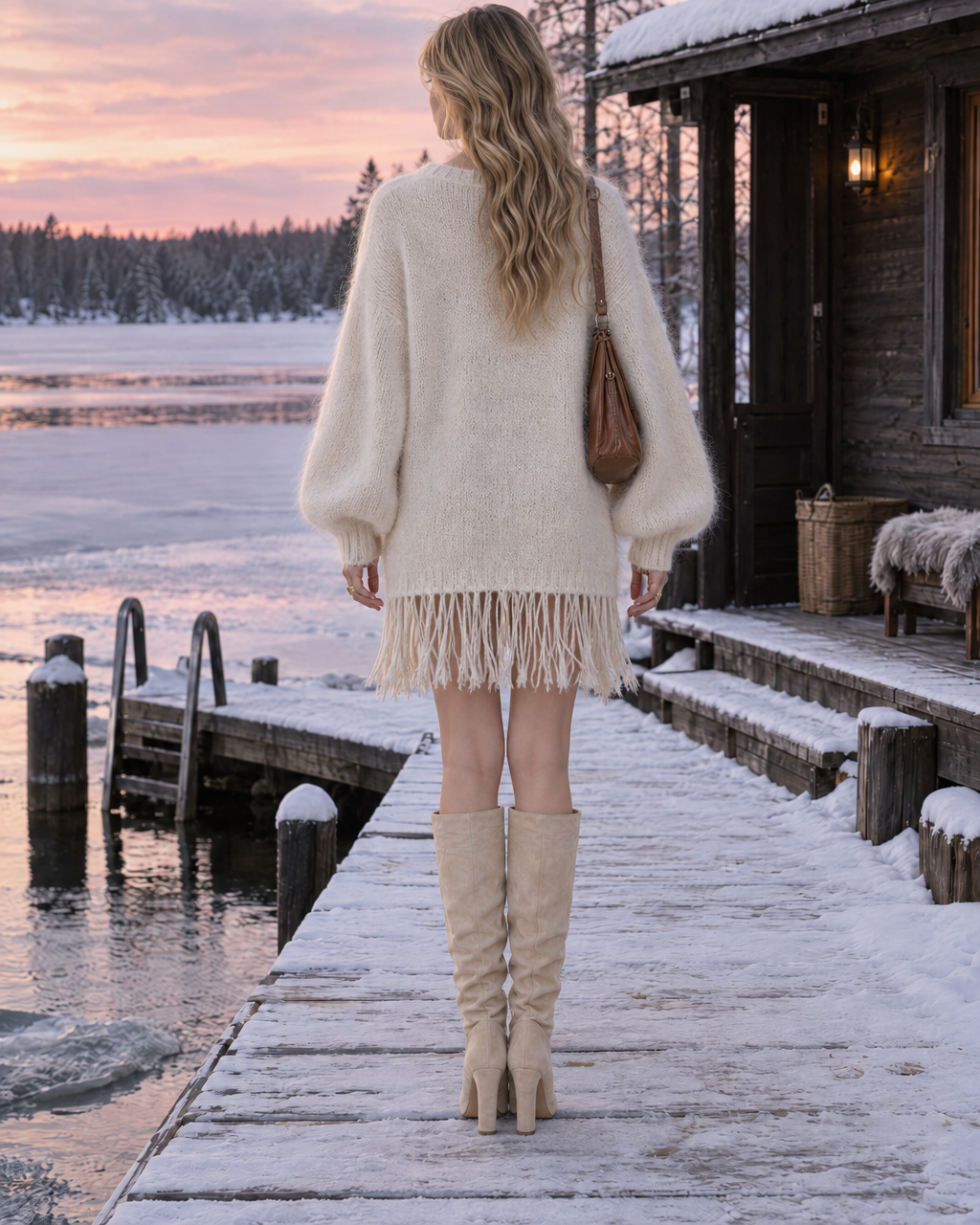 Casual Cream Brushed Knit Round Neck Long-sleeve Fringe-hem Mini Sweater Dress MVA003510AA