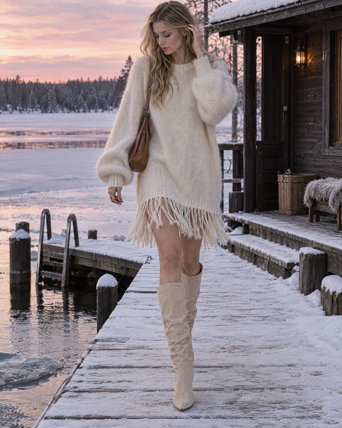 Casual Cream Brushed Knit Round Neck Long-sleeve Fringe-hem Mini Sweater Dress MVA003510AA