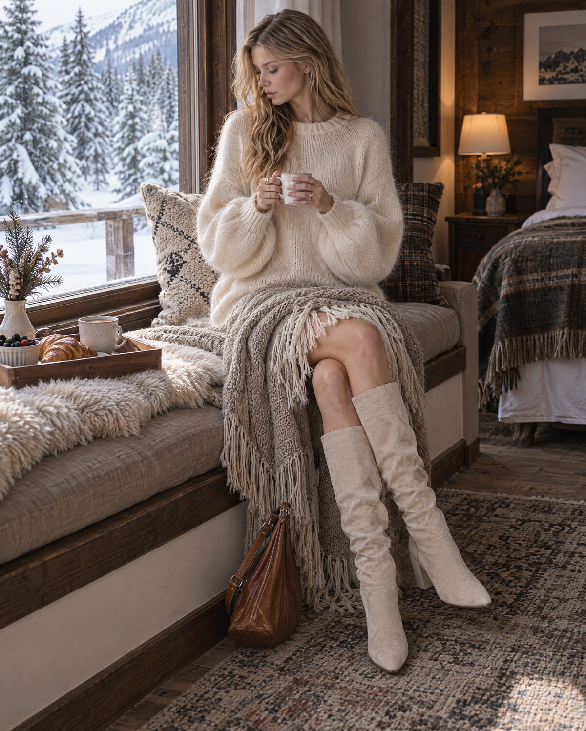 Casual Cream Brushed Knit Round Neck Long-sleeve Fringe-hem Mini Sweater Dress MVA003510AA